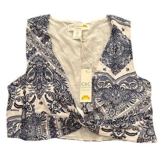 C&C California Blue White Paisley Linen Sleeveless Crop Top New with Tags - Picture 1 of 11